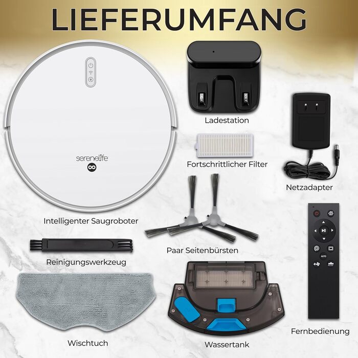 Робот-пилосос SereneLife з функцією миття підлоги, 3-в-1, керування через додаток, ідеальний для шерсті тварин та килимів (3000Pa)