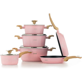 DMS Induction Cookware Set - 10 Piece Pots and Pans Set with Marble Coating - Pink