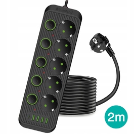 Мережевий фільтр (подовжувач) на 5 розеток, 4xUSB та 1xUSB-C, з окремими вимикачами — Чорний