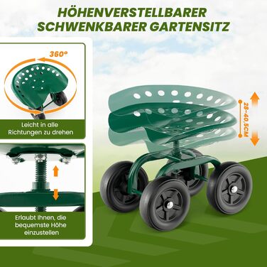 COSTWAY Rolling Seat with Wheels, 360° Swivel | Height Adjustable, Mobile Garden Seat Outdoor Garden Stool, up to 150 kg | Wide Tires, Garden Rolling Seat Metal, for Gardening & Car Care, Green