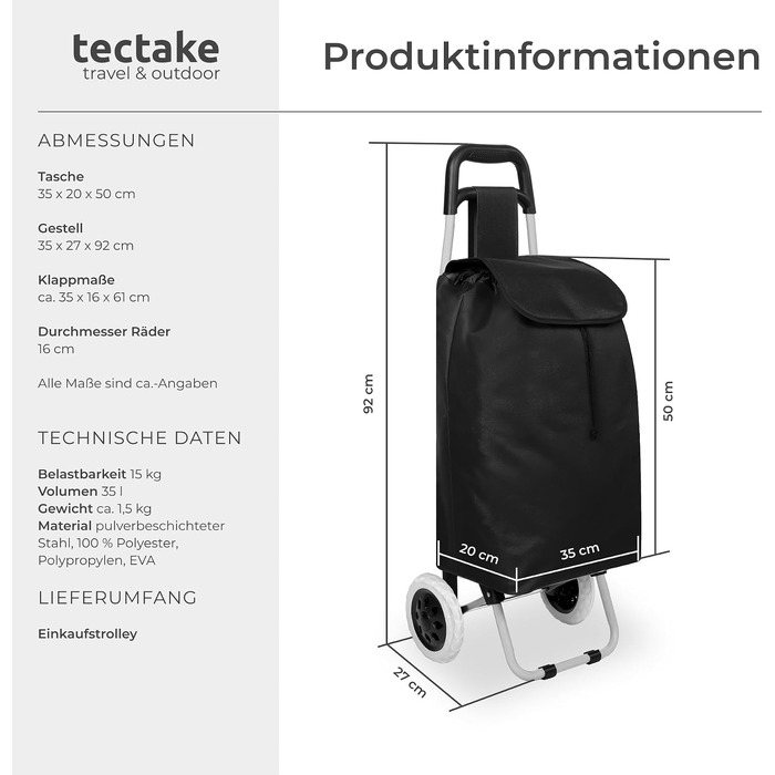 Складаний візок для покупок tectake® на колесах, сумка-шопер для продуктів та кемпінгу, чорна, 38 л