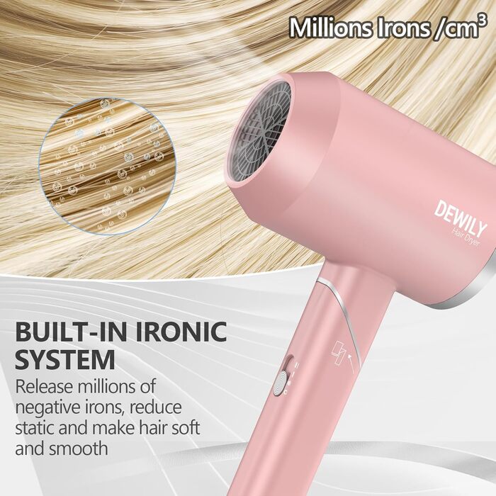 Фен іонний складний DEWILY Profi для подорожей, компактний, тихий, 3 режими нагріву, для сім'ї, сірий/рожевий (з насадкою)