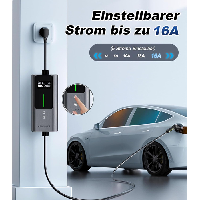 Кабель для зарядки електромобіля Type 2, 3.6 кВт / 5 м, 6A-16A, портативний зарядний пристрій для електрокар, сумісний з EU-Schuko (3.68 кВт)