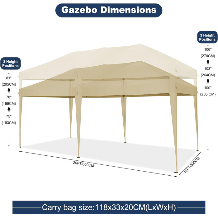 COBIZI Pavilion - Waterproof, Stable, Winter-Proof, Foldable, Pop-up Party Tent, Garden Pavilion for Beach Wedding, with 4 Side Panels, UV Protection 50+, Adjustable Height (Khaki, 3x4m)