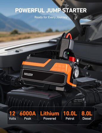 Powerbank AstroAI MF16 6000A з компресором 150PSI: старт для авто, мото, SUV (12V, 10L бензин/8L дизель), LED-дисплей, оранжевий
