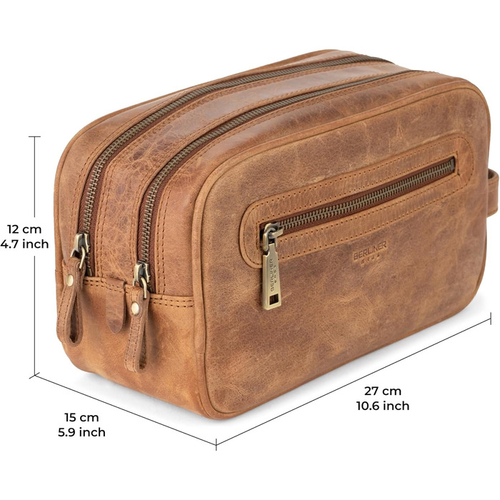 Шкіряна косметичка для подорожей Berliner Bags Premium Kulturbeutel Max, велика сумка для гігієни з 2 відділеннями для жінок та чоловіків (Camel)
