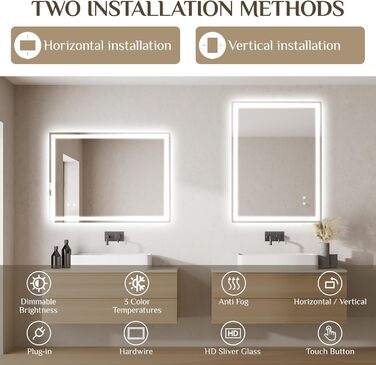 Дзеркало для ванної кімнати Clevich з підсвічуванням 70x50 см, LED, 3 кольори світла, диммування, загартоване скло, захист від вибуху, сенсорне управління, пам'ять, антизапар, 70L x 50B см