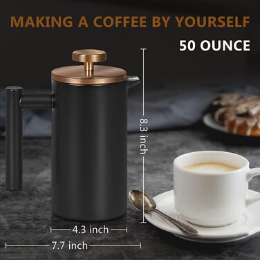 French Press MaxMiuly: Френч-прес для кави, 0.65 л, 3 чашки, нержавіюча сталь, термоізольований, чорний