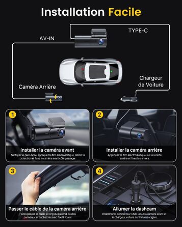 Автомобільний відеореєстратор GKU 4K+1080P (передній та задній), 5GHz WiFi, з картю пам'яті 64GB, глянцевий чорний
