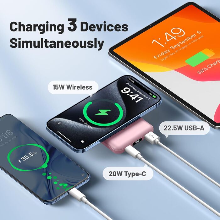 Power Bank AOGUERBE Mag-Safe 10000mAh рожевий: Бездротова зарядка 22.5W PD з LED-дисплеєм