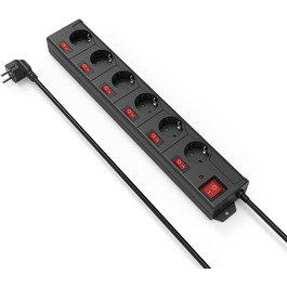 Розподільник розеток Hama з індивідуальним керуванням, захистом від перенапруги, 6 розеток, поворот на 90°, чорний, 1.4м кабель