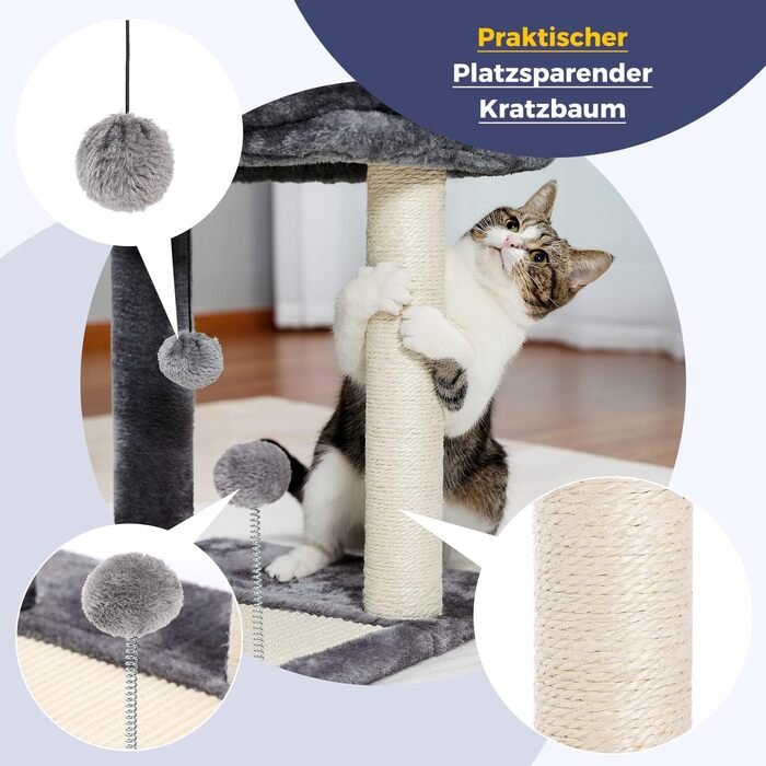 PETEPELA Small Scratching Post 51cm with Sisal Scratching Post, Scratching Board, Scratching Pad, Play Ball, Plush Cave for Kittens, Grey (with Scratching Board)