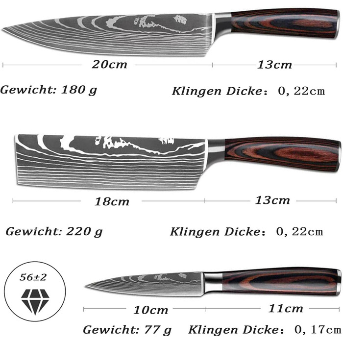 Набір кухонних ножів Camkum 3 шт: кухонний ніж, ніж Nakiri, ніж для фруктів. З нержавіючої сталі EN1.4116, подарункова упаковка