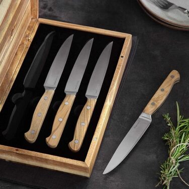 SPRINGLANE Steak Knife Set, 4 Pieces with Elegant Olive Wood Handles, Cutlery Set with Wooden Handles, 12.5 cm Blade Length Made of German Steel, including Gift Box