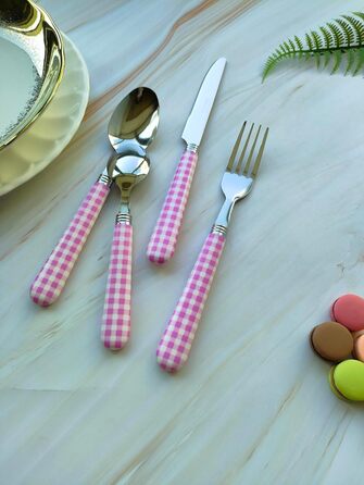 Набір столових приборів EXZACT з нержавіючої сталі, 24 штуки - ручки кольору гінгам - 6 виделок, 6 ножів, 6 ложок, 6 чайних ложок
