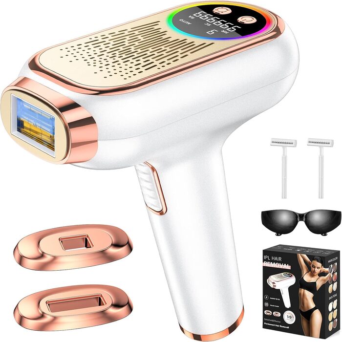 Пристрій для епіляції IPL з лазером, 9 рівнів потужності, 999 999 імпульсів, для чоловіків/жінок/обличчя/бікіні/тіла (рожеве золото)