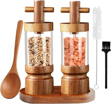 Auciej Pepper Grinder Wooden Salt Grinder Manual Spice Grinder Set with Adjustable Ceramic Grinder, Salt and Pepper Grinder with Coaster for Spices, Pepper, Salt, 2-Piece Set, Height: 18 cm