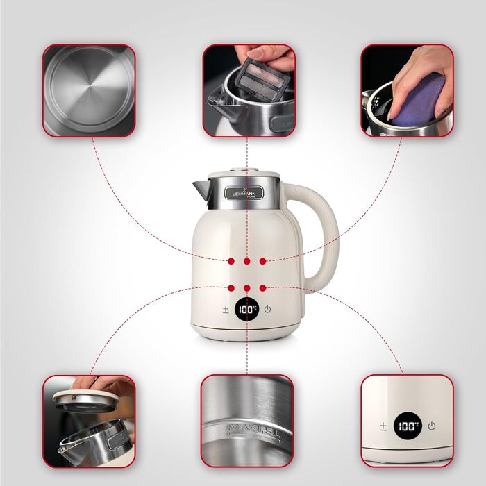 Електричний чайник LEHMANN з регулюванням температури 40-100°C, 1,5L, функцією підігріву, швидким нагріванням, LED-дисплеєм, нержавіючою сталлю, автовимкненням та захистом від перегріву, BPA-free, кремовий
