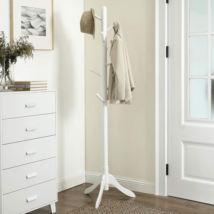 VASAGLE Coat Rack, Solid Wood Clothes Rack, Coat Stand with 8 Hooks, Tree Shape, 3 Adjustable Heights, for Coats, Jackets, Bags, for Entryway, Bedroom, RCR01GY (White)