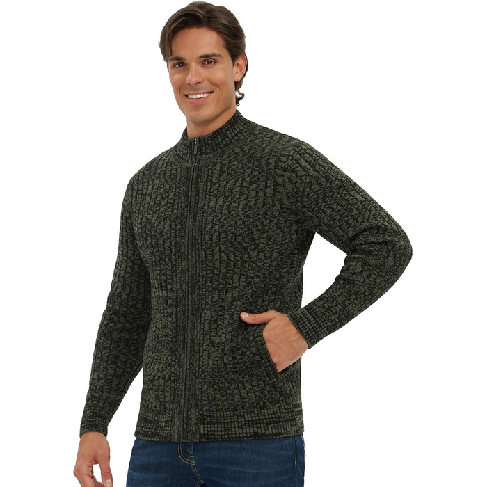 Чоловічий кардиган AOI RAY з блискавкою та стоячим коміром, в'язаний з тонкої пряжі, з двома кишенями, колір: чорний (L, суміш темно-зеленого)