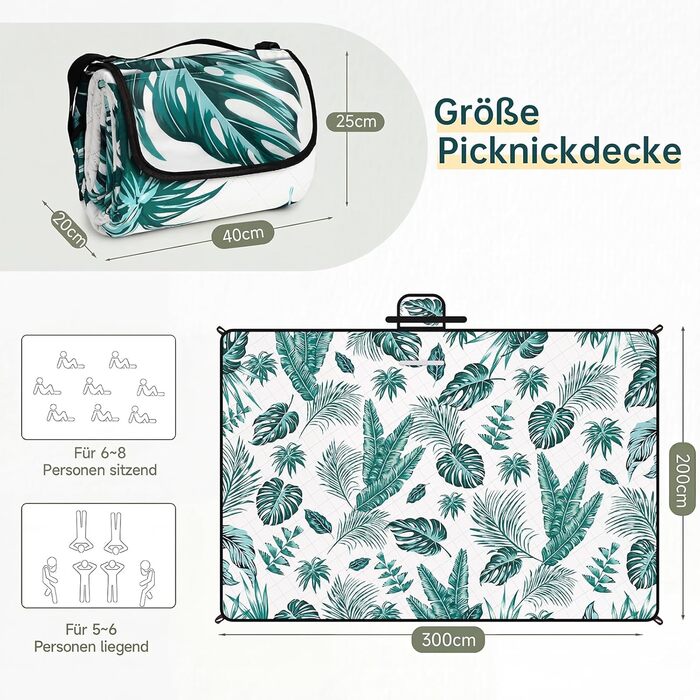 Плед для пікніка HAUSPROFI 200x300 см, водонепроникний, ізольований, зелений з квітковим малюнком. Для пляжу, кемпінгу, з ручкою та кілочками