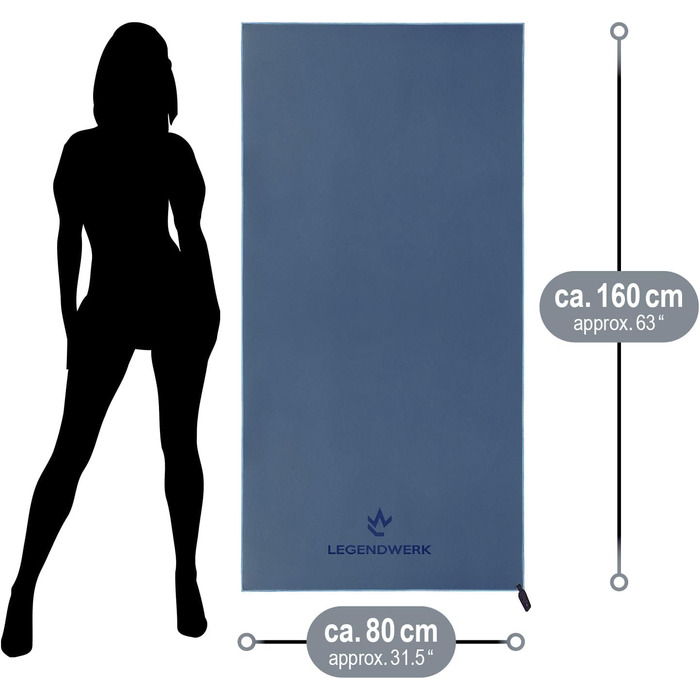 Рушник з мікрофібри Legendwerk® 160x80 см – швидковисихаючий, компактний, для подорожей, фітнесу, міста та відпочинку на природі – легкий, стильний, з сумкою та петлею для підвішування, 1 шт. (Дарк Блю)