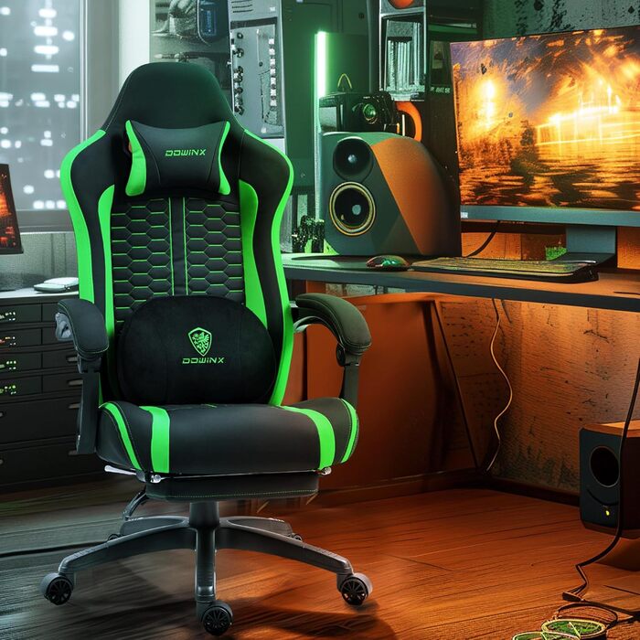 Ігровий крісло Dowinx з підігрівом, масажем, подушкою для попереку, підставкою для ніг та кишеньковою подушкою. Зелений крісло для геймерів, PC крісло для дорослих