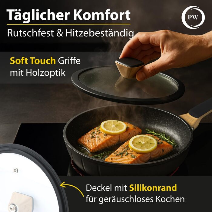 Набір сковорідок Pela Welle® Induktion, 5 предметів: 3 сковороди з покриттям та 2 кришки, чорний колір | Сковорода для індукційної плити, керамічне покриття, без PFOA, PFAS, PTFE