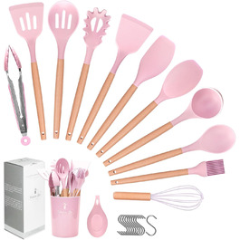 Набір кухонних аксесуарів Howephofly: 23 штуки з силікону, антипригарні, з дерев'яними ручками, включає гачки, рожевий колір