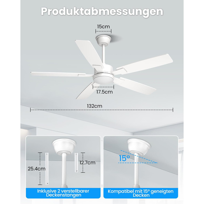 Стелянка-вентилятор Mefine з двома кольорами, обертаються крила, з підсвіткою, 132 см, з пультом керування, тиха лампа для вітальні, спальні, тераси, 5 крил