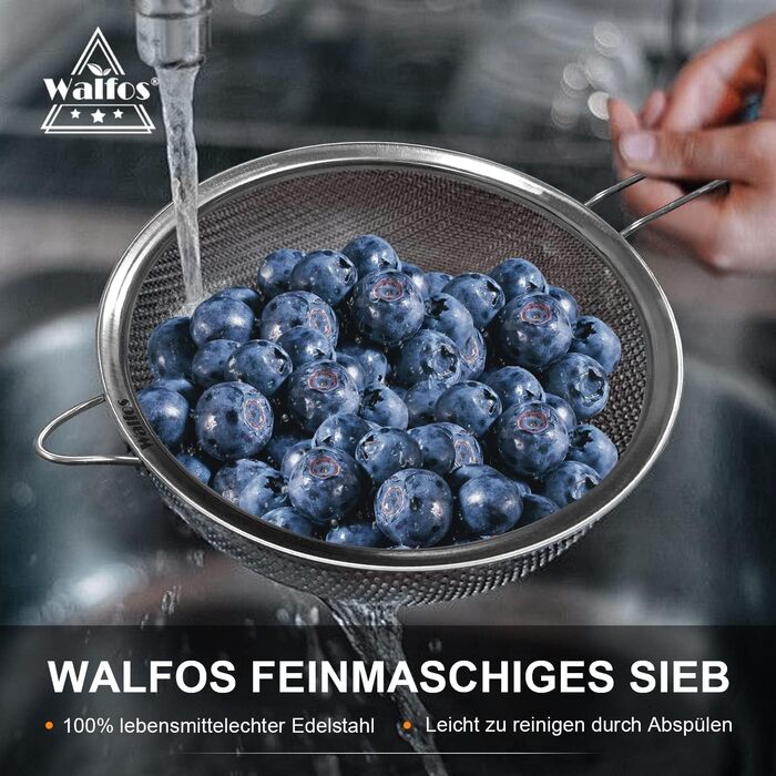 Набір сит Walfos з нержавіючої сталі преміум-якості (4 розміри), з посиленим каркасом та зручною ручкою. Ідеально підходить для проціджування овочів, пасти та чаю. Розміри: 7см, 12см, 18см, 24см