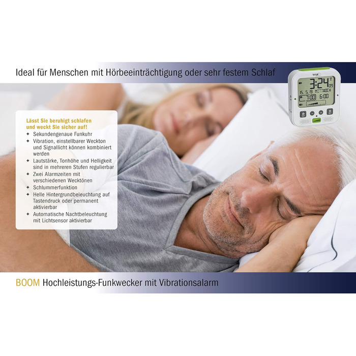 TFA Dostmann Boom Funkwecker, Loud with Vibration Alarm, Snooze Function, Adjustable Volume and Brightness, Automatic Night Light, White, L 110 x W 65 x H 122 mm