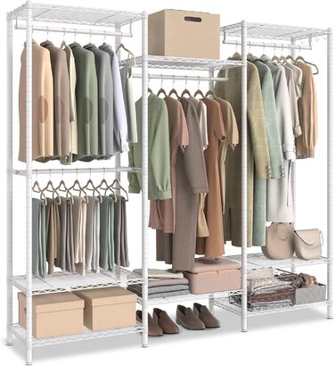 SONGMICS Clothes Rack, Open Wardrobe, Metal Coat Rack, Coat Stand with Adjustable Shelves and Clothes Rails, Hooks, High Load Capacity, Detachable, Cloud White LGR431W01