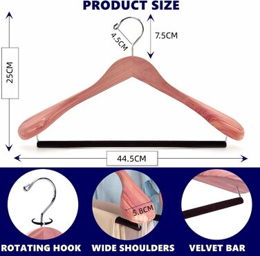 Amber Home 5-Piece 44.5cm Cedar Wood Clothes Hangers with Wide Shoulders (5.8cm), Natural Cedarwood Hangers with Round Bar for Suit, Jacket, Coat, Shirt, Pants