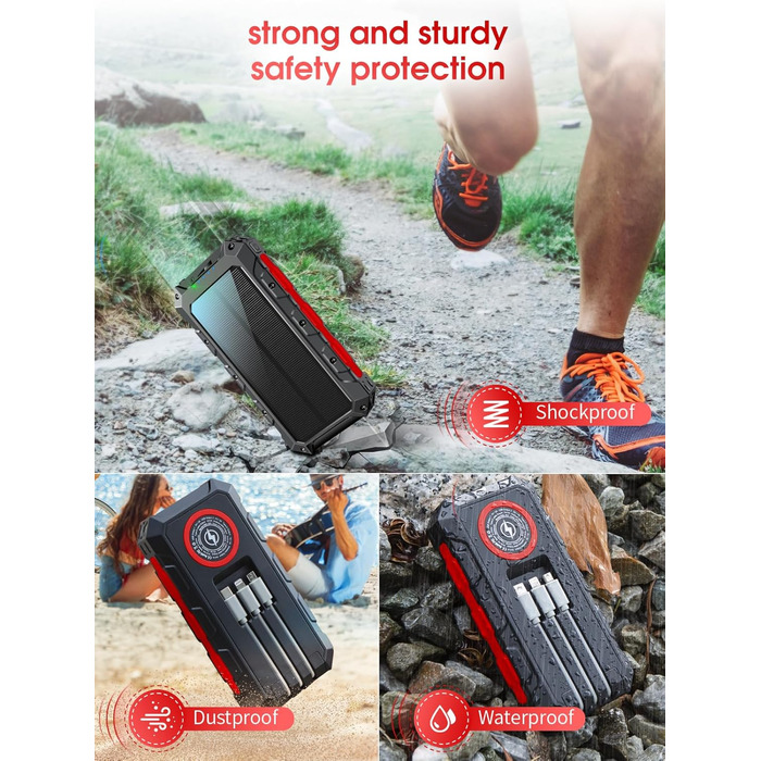 Power Bank 52800 mAh Red з сонячною зарядкою, бездротовою зарядкою, водонепроникний, 5 виходів, 3 входи, ліхтарик, карабін, QC 30W та USB C PD 20W для мобільних телефонів