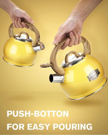 Чайник Teekessel 2.1 л з плитою, чайник з нержавіючої сталі з дерев'ястим малюнком, складаний ручка, підходить для всіх типів плит (Слонова кістка) (Жовтий)