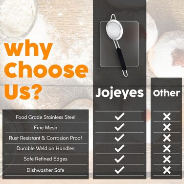 Набір сит Jojeys 3 розмірів – металеві сита з нержавіючої сталі, дрібний отвір – кухонні сита з нержавіючої сталі для приготування їжі, випічки – придатні для миття в посудомийній машині (8 см з гумовою ручкою)