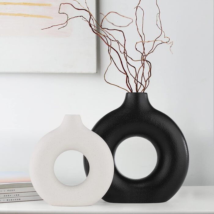 Набір ваз Sawoake Donut Ceramic Set 2 шт. для сучасного декору дому, круглі матові вази для пампасной трави, нейтральний бохо, скандинавський мінімалізм, чорний та білий колір