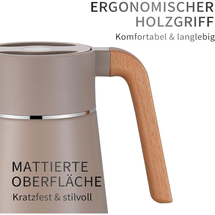 VETIN 1.5L Thermos Flask 304 Stainless Steel Double-Walled Vacuum Insulation, Coffee Pot Thermo with Wood-Look Handle, Insulated Carafe 10h Heat / 16h Cold (Khaki)