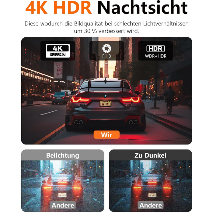 Відеореєстратор Antfutre Dashcam Auto Vorne Hinten 4K+1080P з GPS, WiFi, HDR, G-Sensor, 24/7 Parküberwachung, Loop-Aufnahme MXC-857-64GB