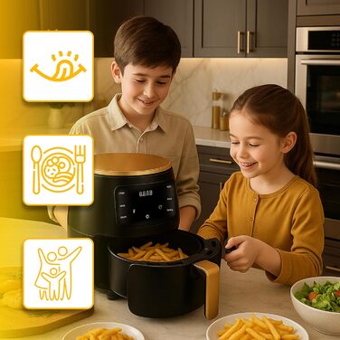 Аерофритюрниця Retoo 6.5л 1800Вт, 10 програм, до 200°C, сенсорне управління, не потребує олії, чорний/золотий