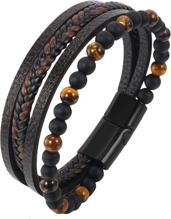 Чоловічий браслет з натуральної шкіри, плетіння ручної роботи. Браслет для чоловіків зі сталевою застібкою, шкіряний браслет з телячої шкіри, широкий браслет з магнітною застібкою, браслет з тигровим оком (21 см)