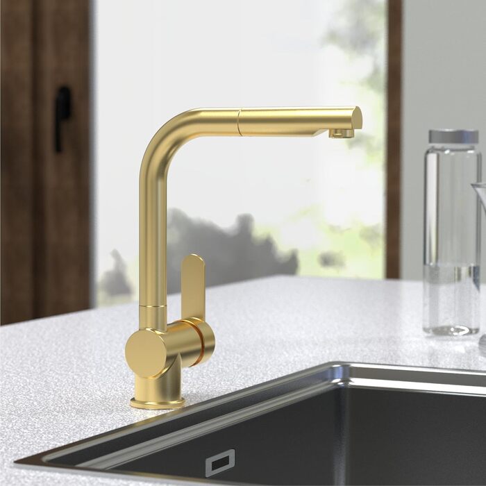 Кухонний змішувач SCHÜTTE LONDON з висувною лійкою, поворотний на 360°, з однорідним змішувачем, для мийки, золотий, 29,8 см (високий тиск)