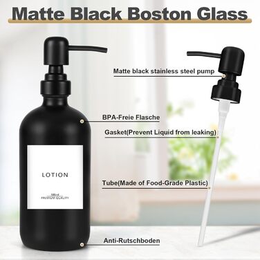 Набір дозаторів для мила Lannvan, скло, 500 мл, чорний матовий, для ванної кімнати та кухні, з підносом та етикетками