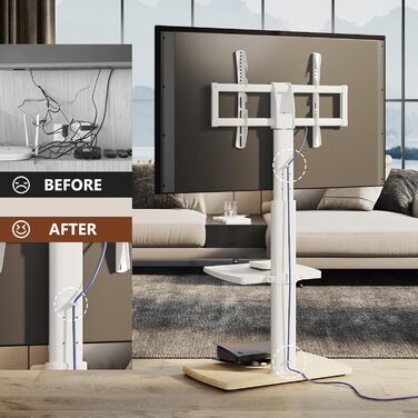 Підставка для телевізора FITUEYES біла з дерев'яною основою, регульована по висоті та поворотна, для телевізорів 32-70 дюймів (плоских та curved), до 40 кг, VESA 600x400