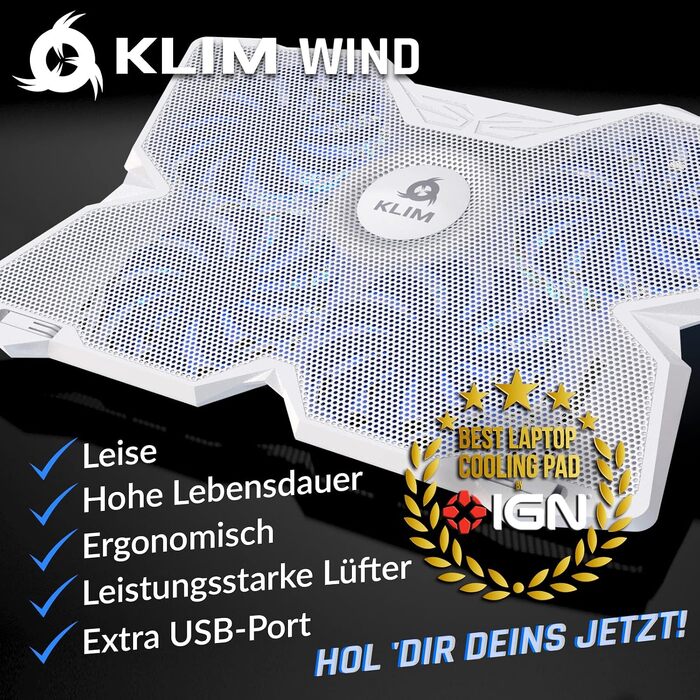 Охолоджувач для ноутбука KLIM Wind — Потужна підставка з 4 вентиляторами для PC, Notebook та PS4, білий колір