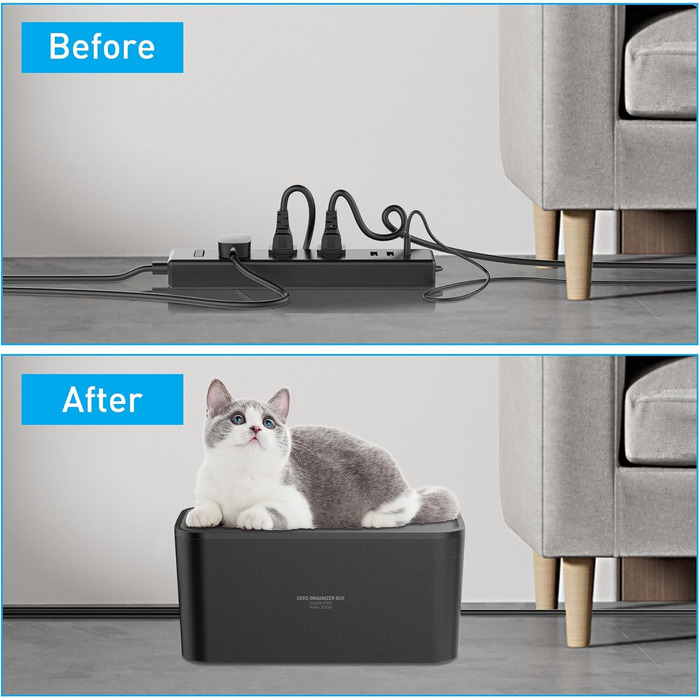 Многорозеткова смуга з кабельною коробкою, захист від перенапруги, 5 розеток, 3 USB, органайзер для столу, 29.5 x 14 x 14 см, кабель 2 м (5 м, чорний)