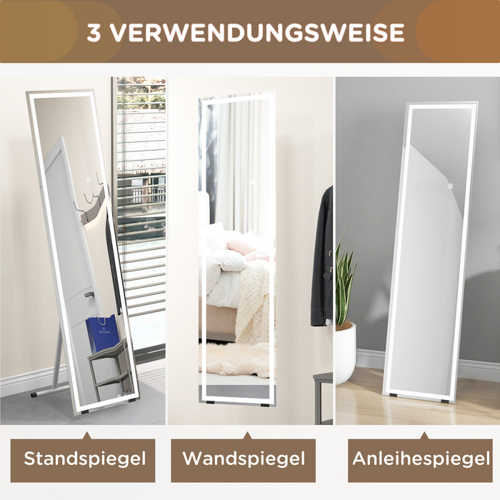HOMCOM Full-Length Mirror 40x150cm Standing and Wall Mirror with LED Lighting, 3 Light Colors, Touch Switch in White