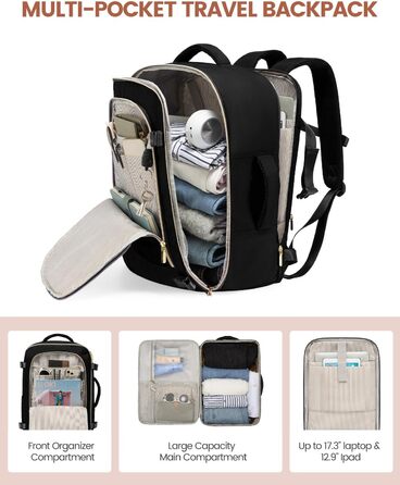 Рюкзак LOVEVOOK для ручної поклажі в літак, 40L, водонепроникний, з відділенням для взуття, для ноутбука 17.3 дюймів, чорний