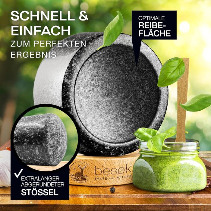 Гранітний млинок для спецій з товкачем, щіткою, рецептами та дерев'яною підставкою - 350 мл